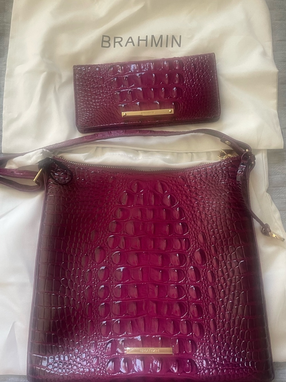 Brahmin Croc-Embossed Leather Shoulder Bag and Wallet in Deep Burgundy